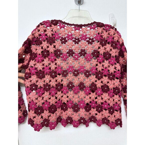 Alice + Olivia Anderson Crochet Cropped Cardigan Sweater Pink Flower Floral M - Picture 11 of 14